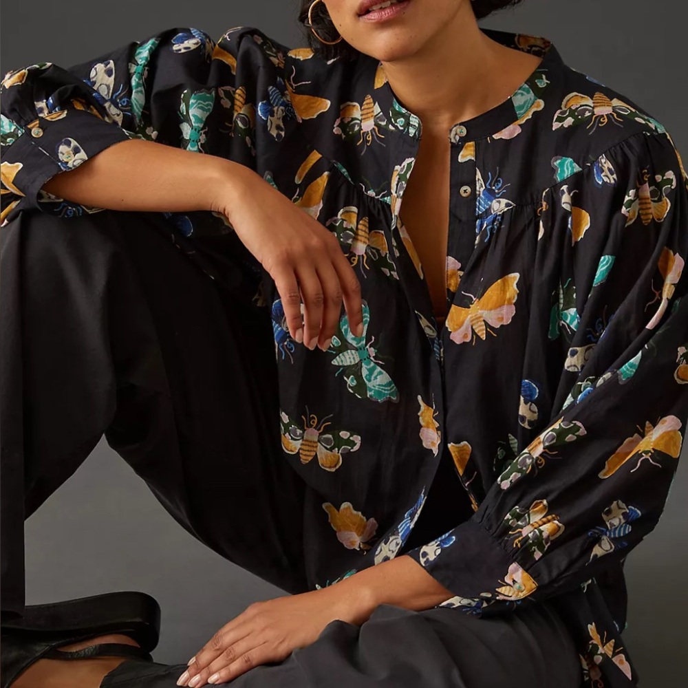 Sarah Gordon x Maeve Butterfly Print Button Down Cotton Blouse | Black/Multi | L